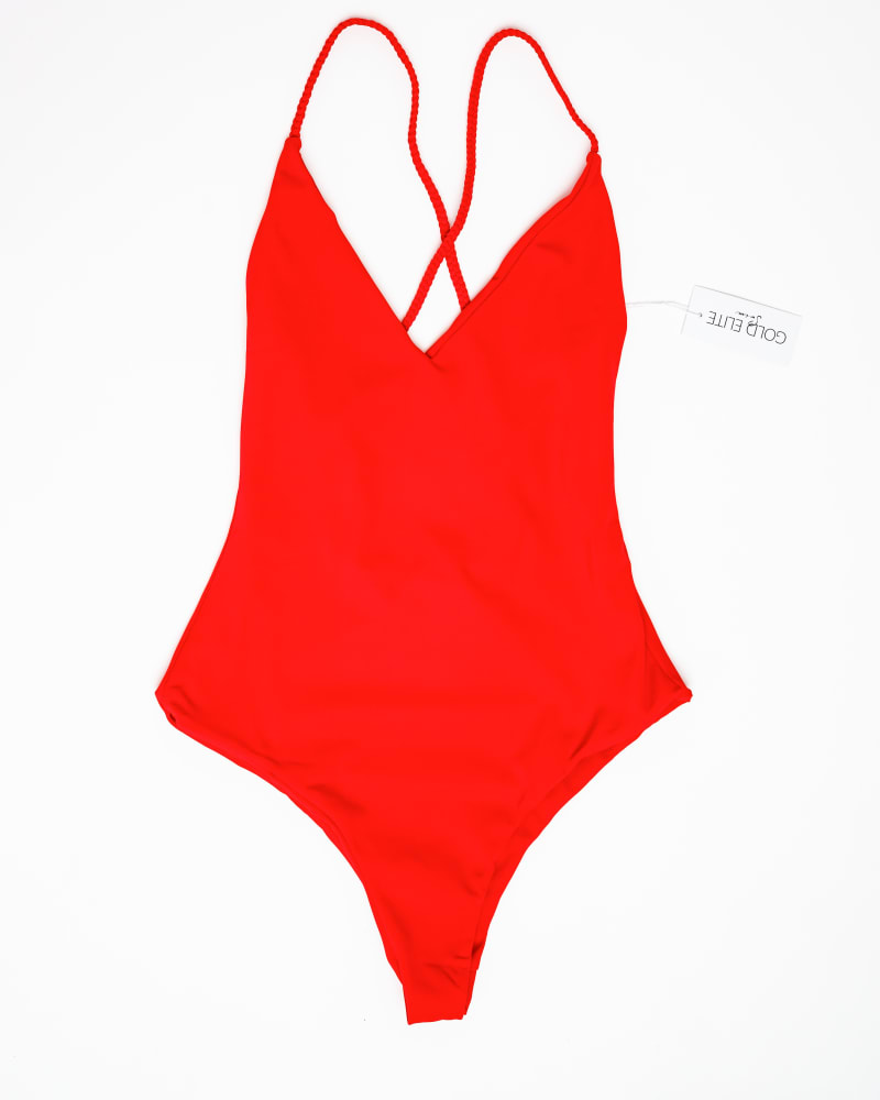 Front of a size L Emma Strappy One Piece in Red by Gold Elite Apparel. | dia_product_style_image_id:288268